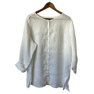 Tahari Women’s White Cuffed Sleeve Mandarin Collar Blouse. Size: 2X Linen